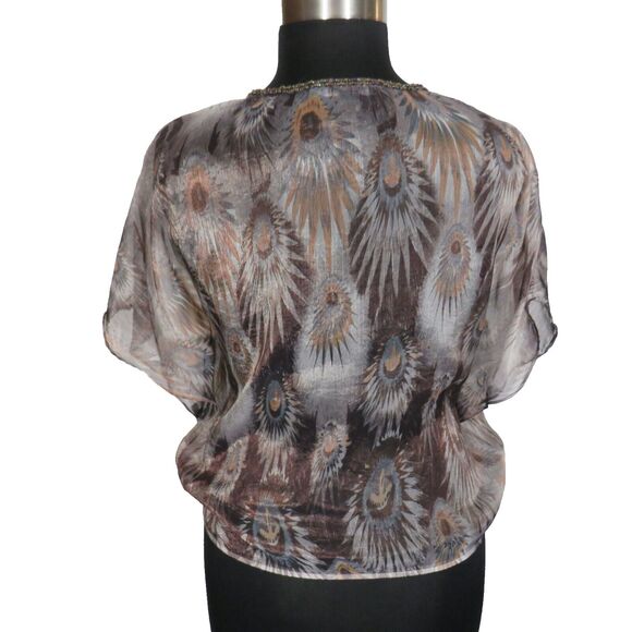 Forever 21 Sheer Feather Print Beaded Elastic Waist Flutter Sleeve Blouse Size L - Picture 6 of 8